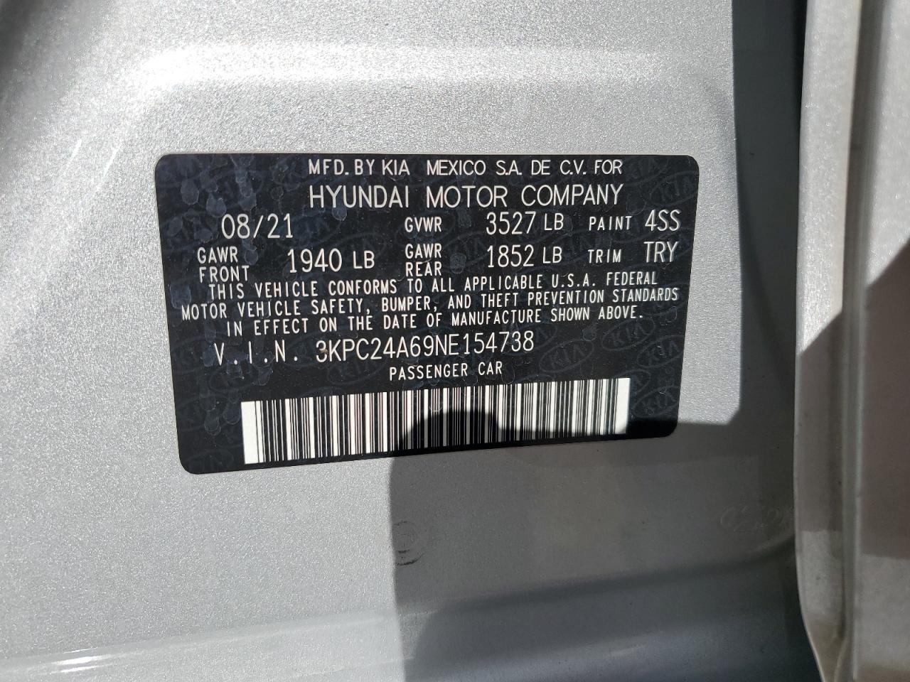 2022 HYUNDAI ACCENT SE VIN:3KPC24A69NE154738