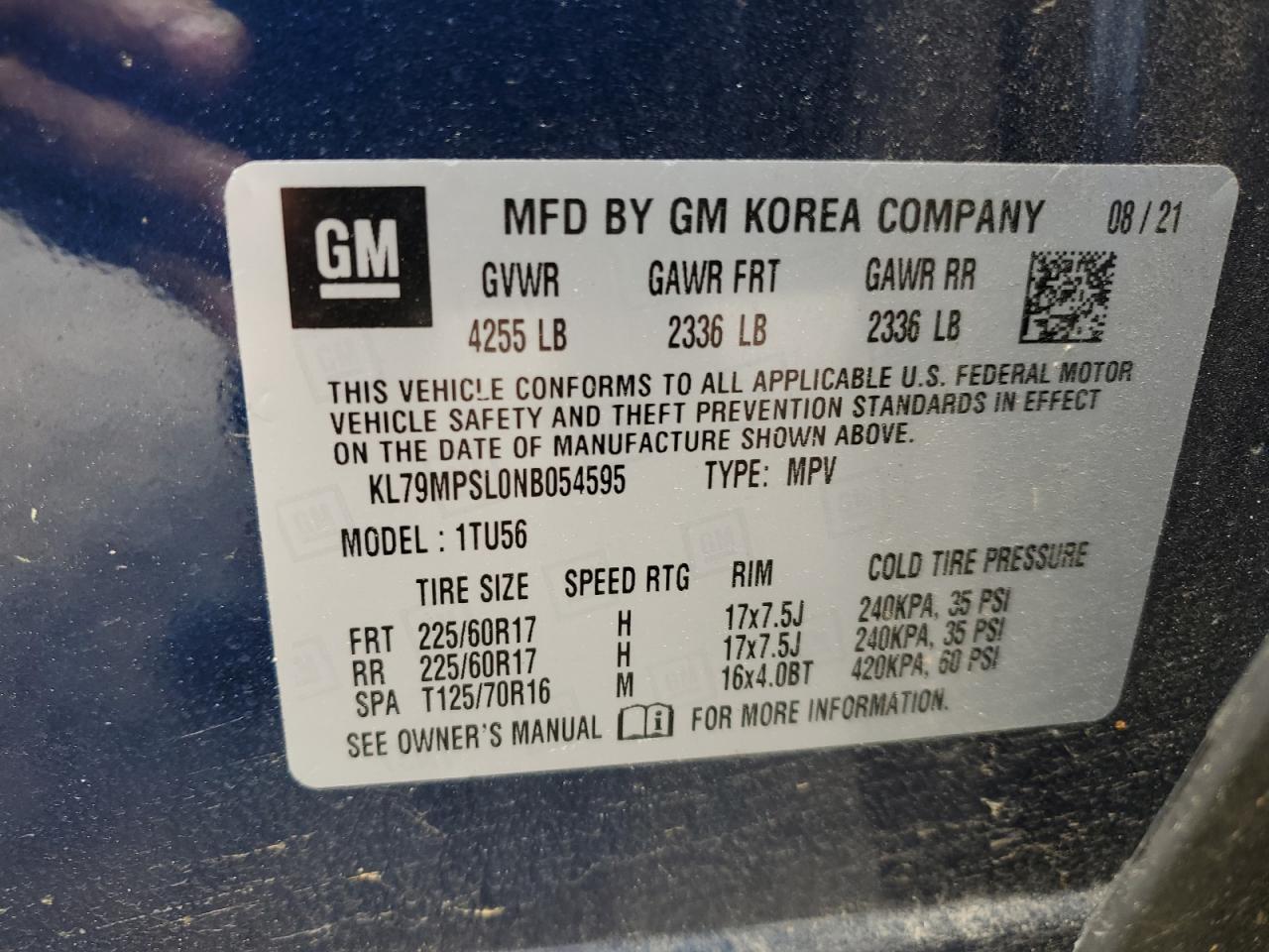 2022 CHEVROLET TRAILBLAZER LT VIN:KL79MPSL0NB054595