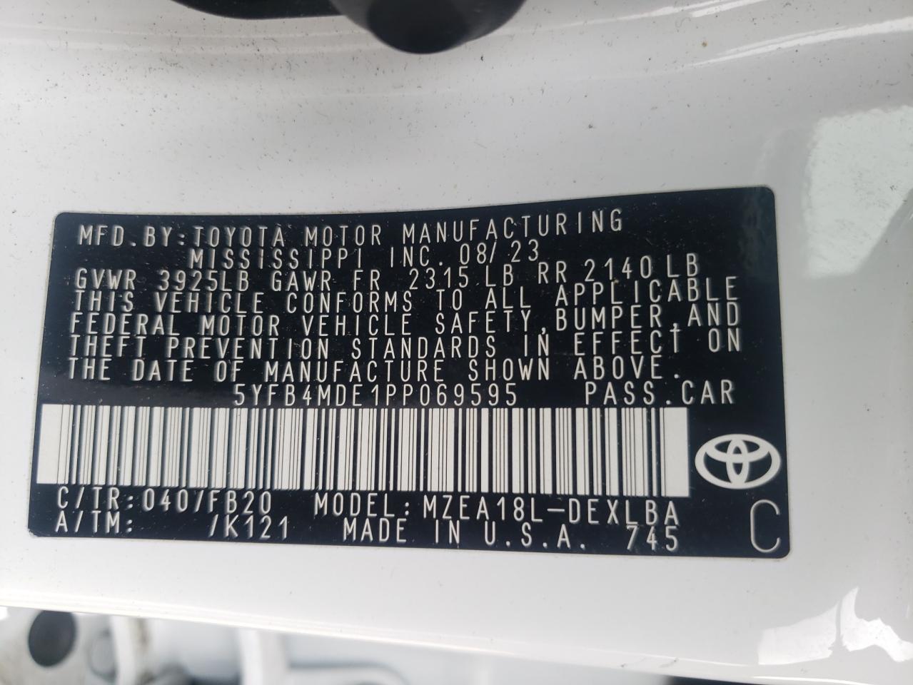 2023 TOYOTA COROLLA LE VIN:5YFB4MDE1PP069595