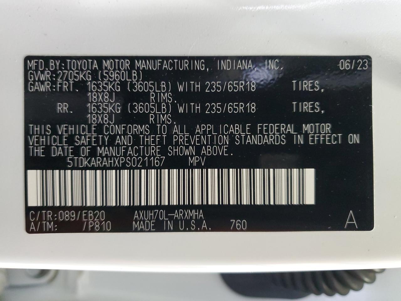 2023 TOYOTA HIGHLANDER HYBRID XLE VIN:5TDKARAHXPS021167