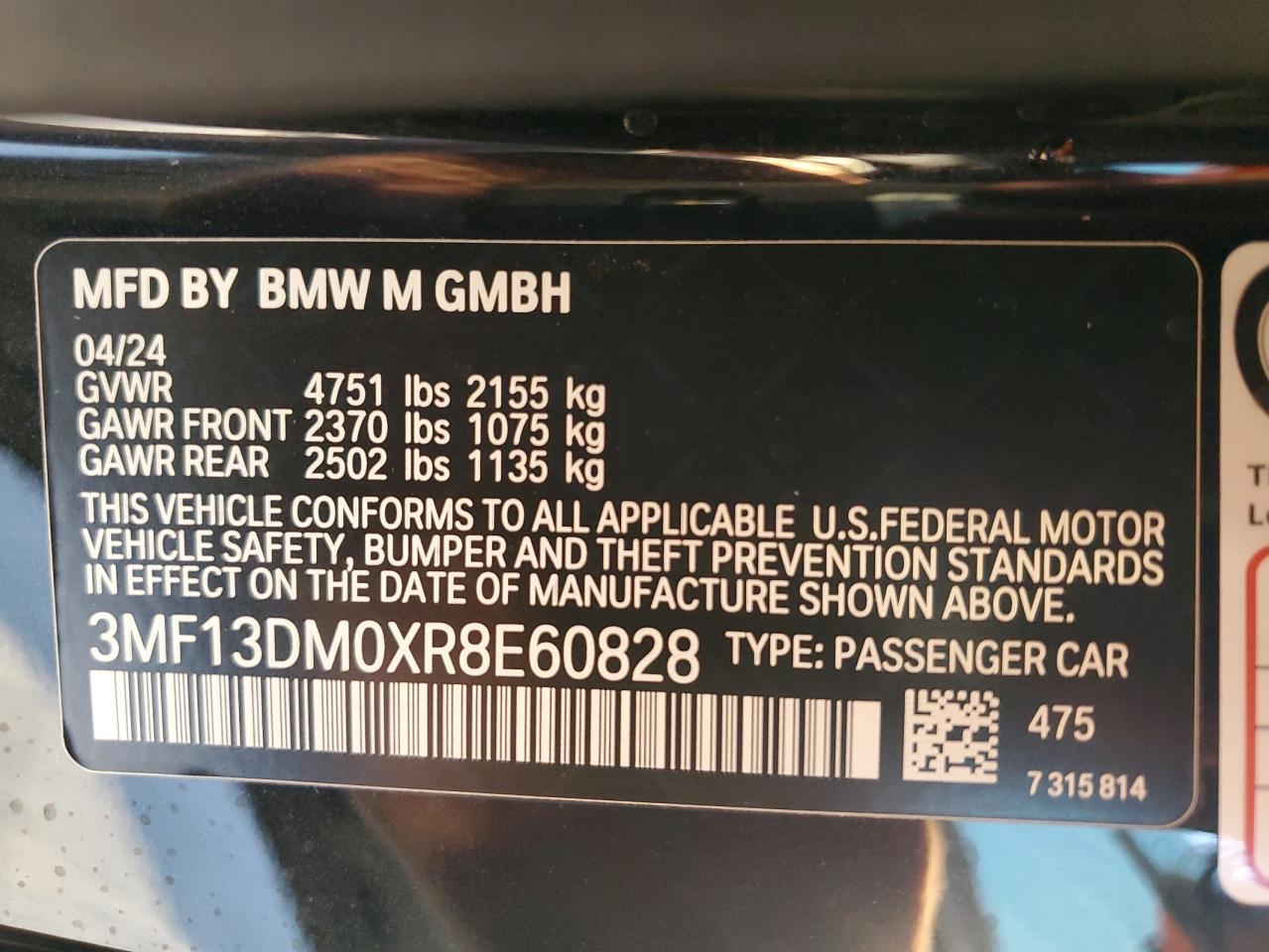 2024 BMW M2  VIN:3MF13DM0XR8E60828