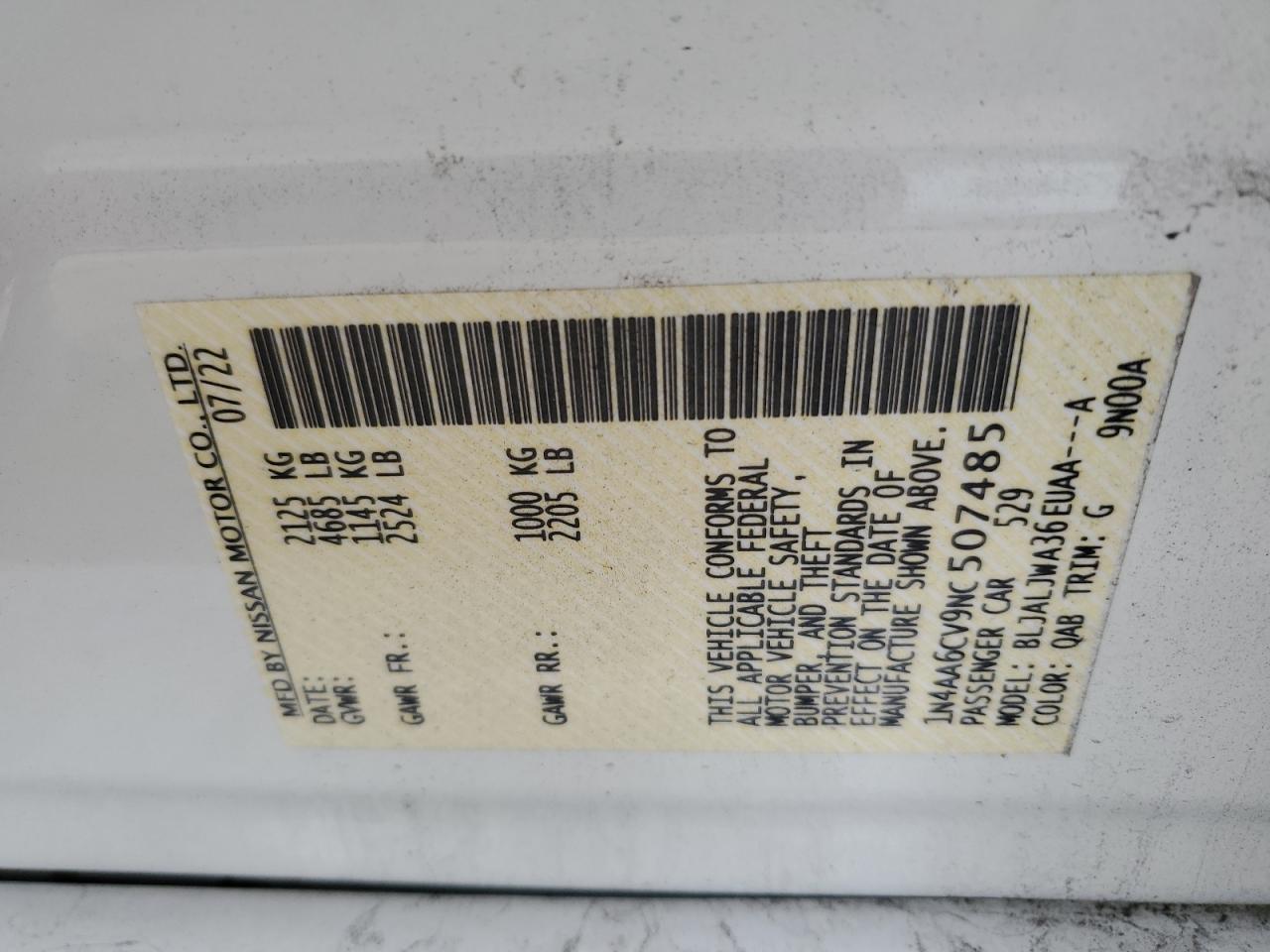 2022 NISSAN MAXIMA SV VIN:1N4AA6CV9NC507485