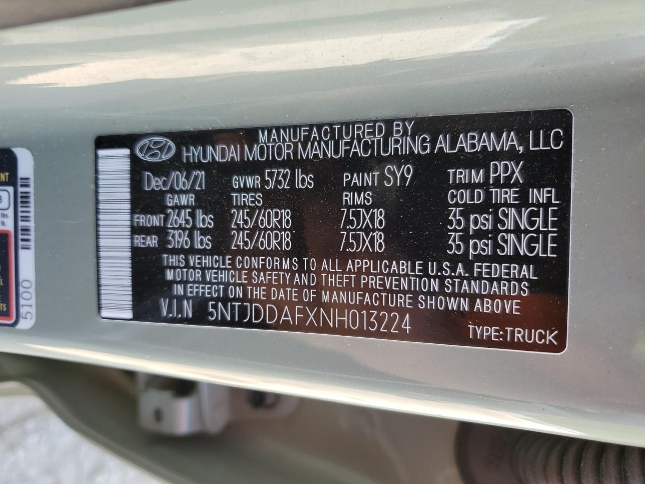 2022 HYUNDAI SANTA CRUZ SEL PREMIUM VIN:5NTJDDAFXNH013224