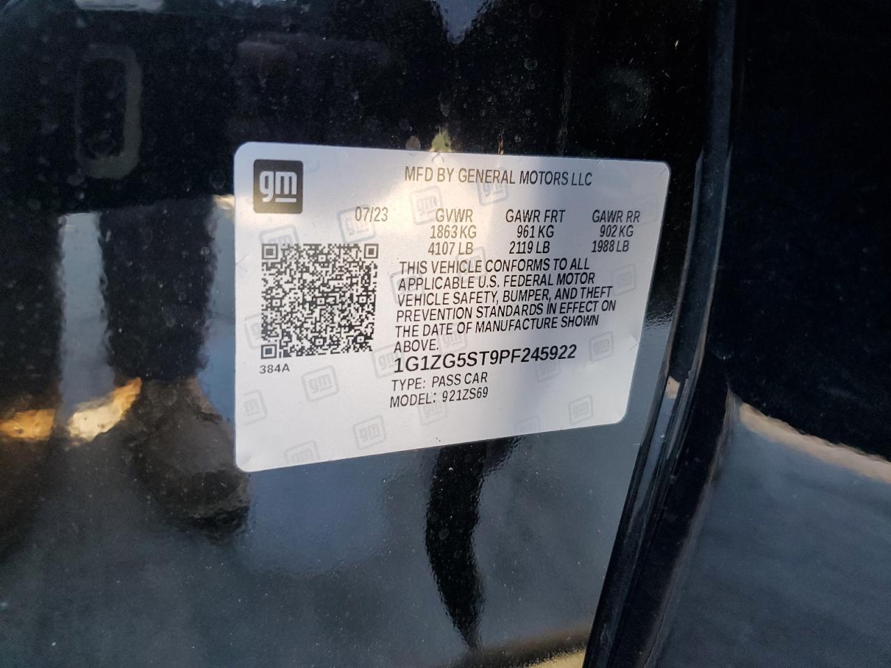 2023 CHEVROLET MALIBU RS VIN:1G1ZG5ST9PF245922