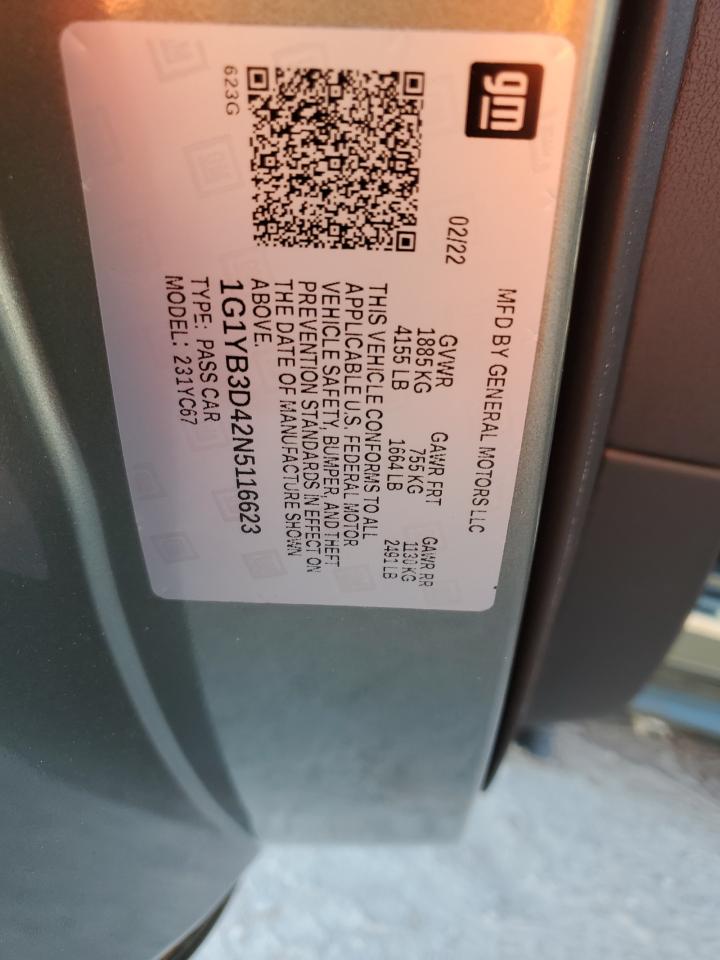 2022 CHEVROLET CORVETTE STINGRAY 2LT VIN:1G1YB3D42N5116623