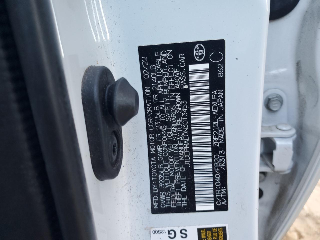 2022 TOYOTA COROLLA LE VIN:JTDEPMAE0N3013453