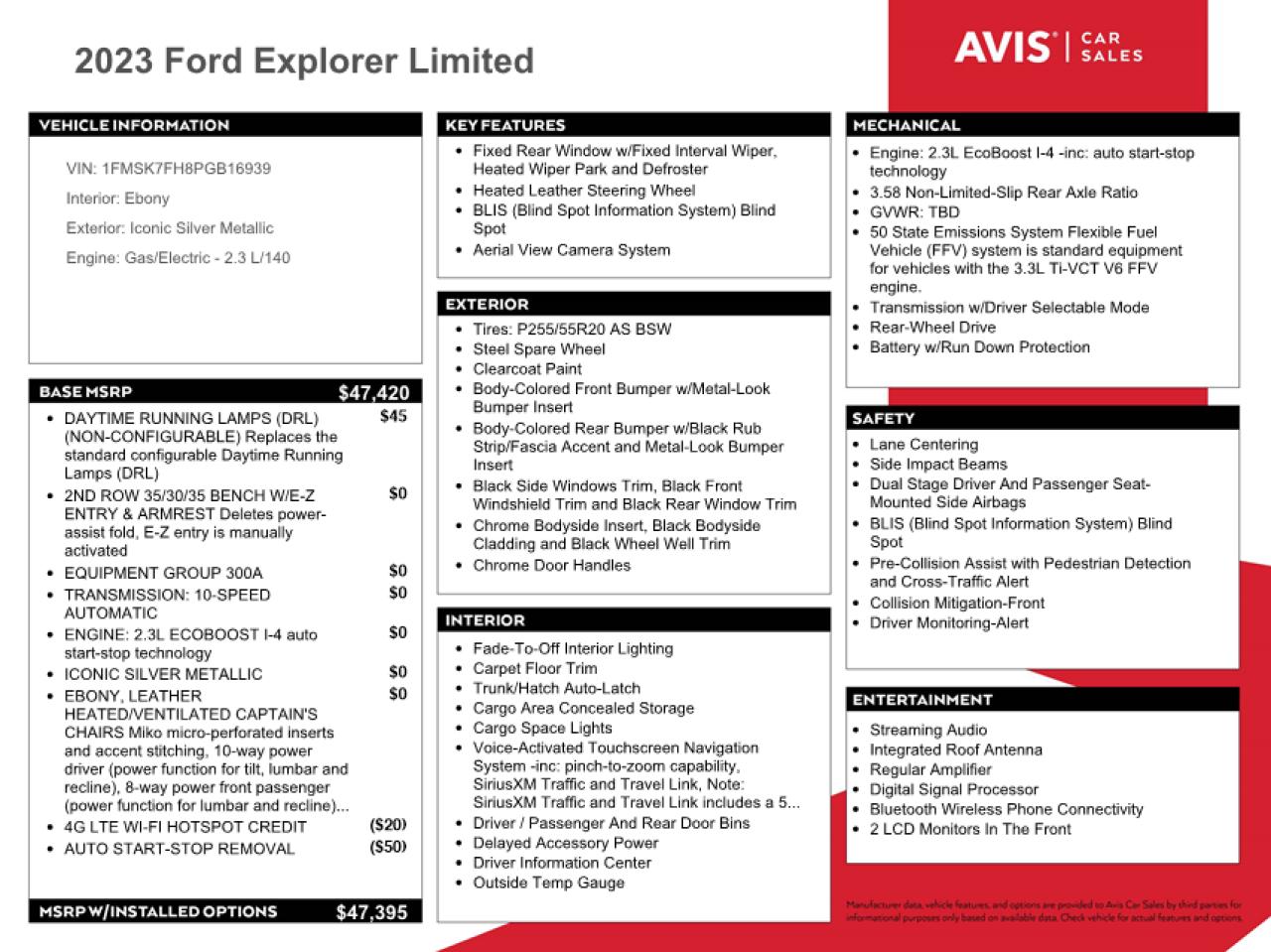 2023 FORD EXPLORER LIMITED VIN:1FMSK7FH8PGB16939