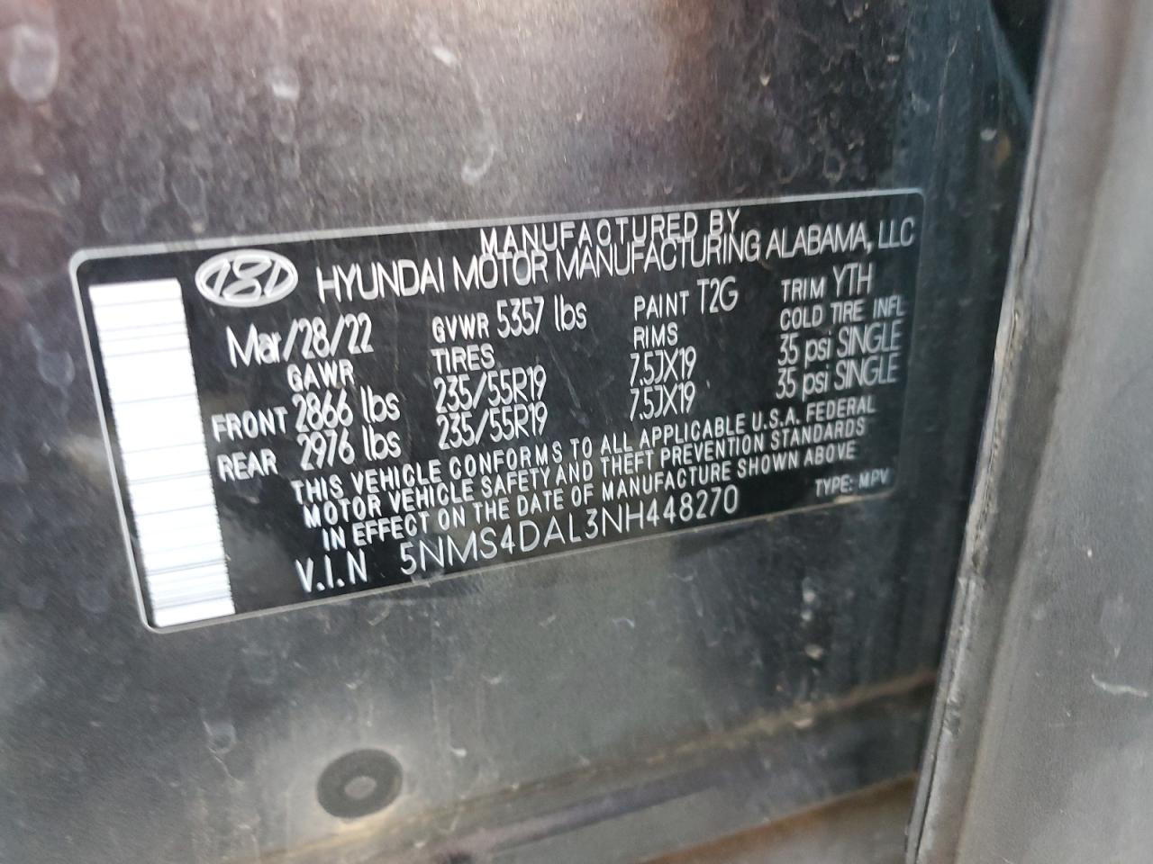 2022 HYUNDAI SANTA FE LIMITED VIN:5NMS4DAL3NH448270