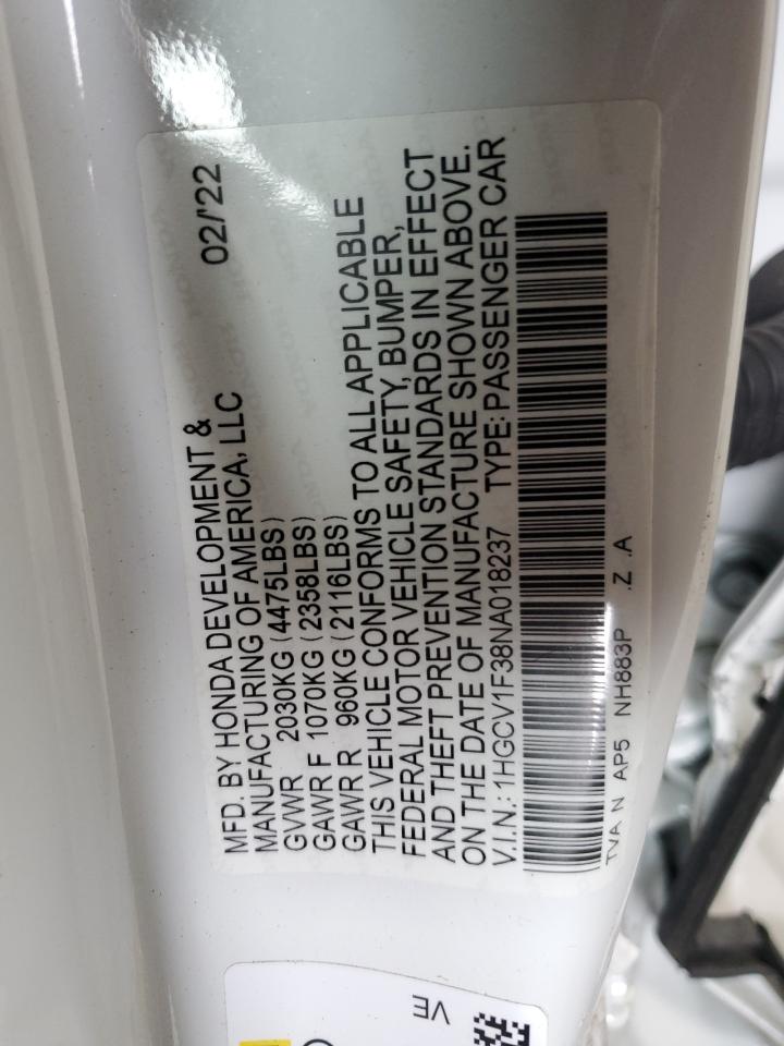 2022 HONDA ACCORD SPORT VIN:1HGCV1F38NA018237