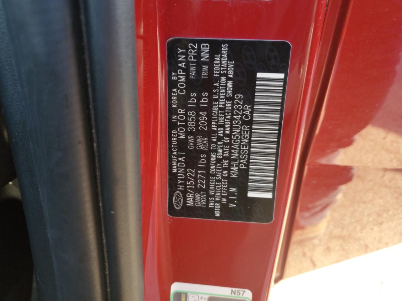 2022 HYUNDAI ELANTRA SEL VIN:KMHLN4AG5NU342329