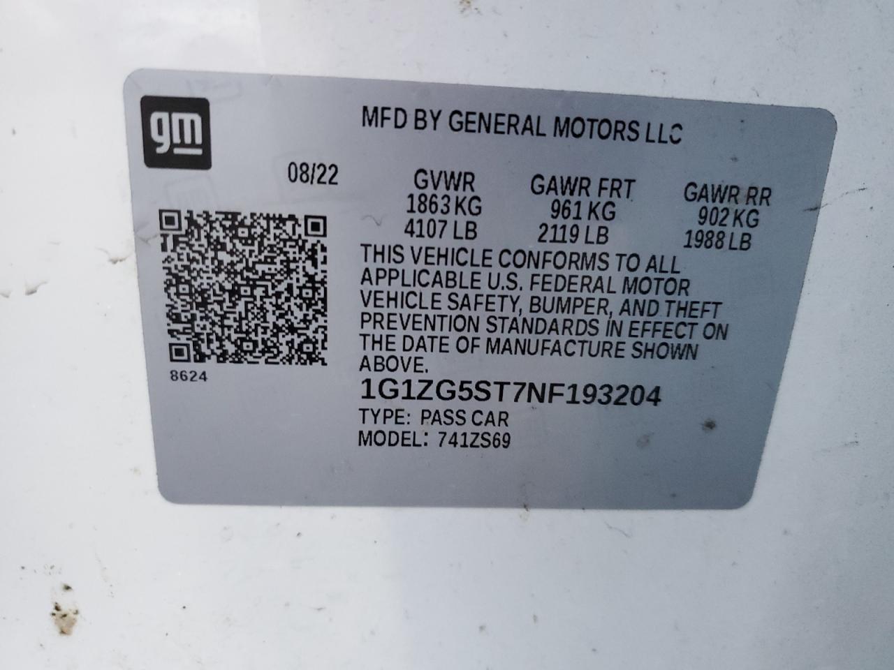 2022 CHEVROLET MALIBU RS VIN:1G1ZG5ST7NF193204