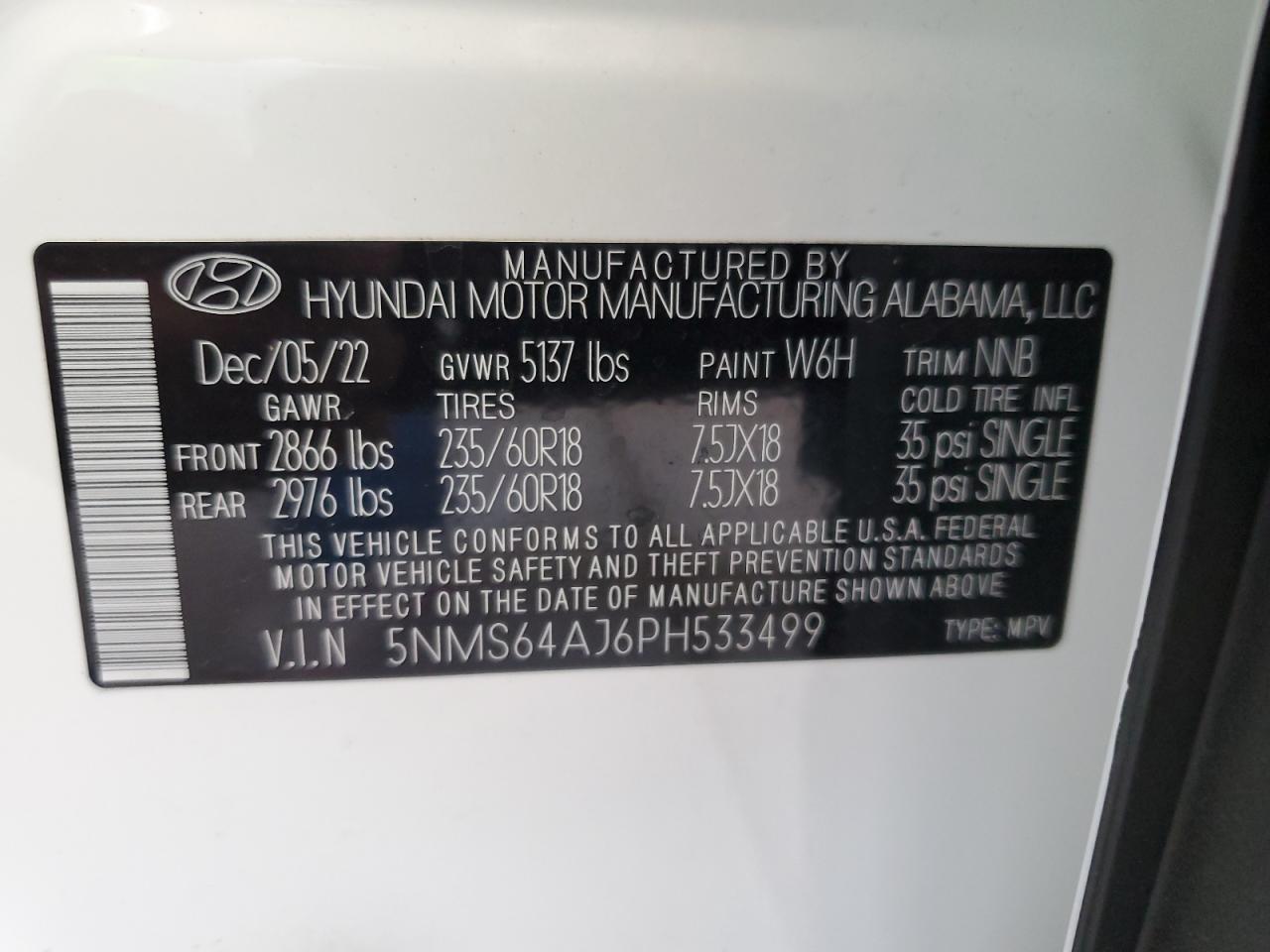 2023 HYUNDAI SANTA FE XRT VIN:5NMS64AJ6PH533499