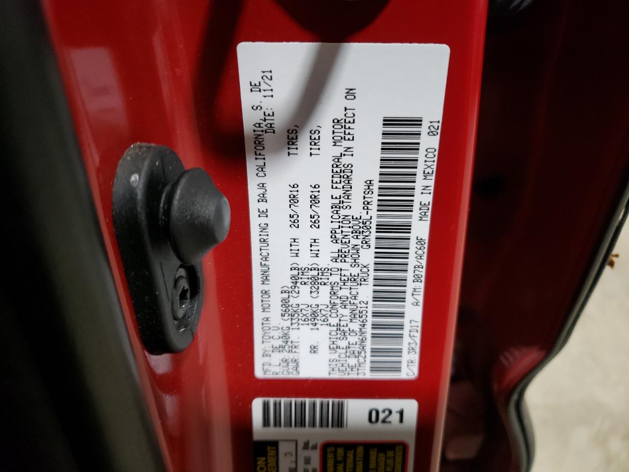 2022 TOYOTA TACOMA DOUBLE CAB VIN:3TMCZ5AN6NM465512