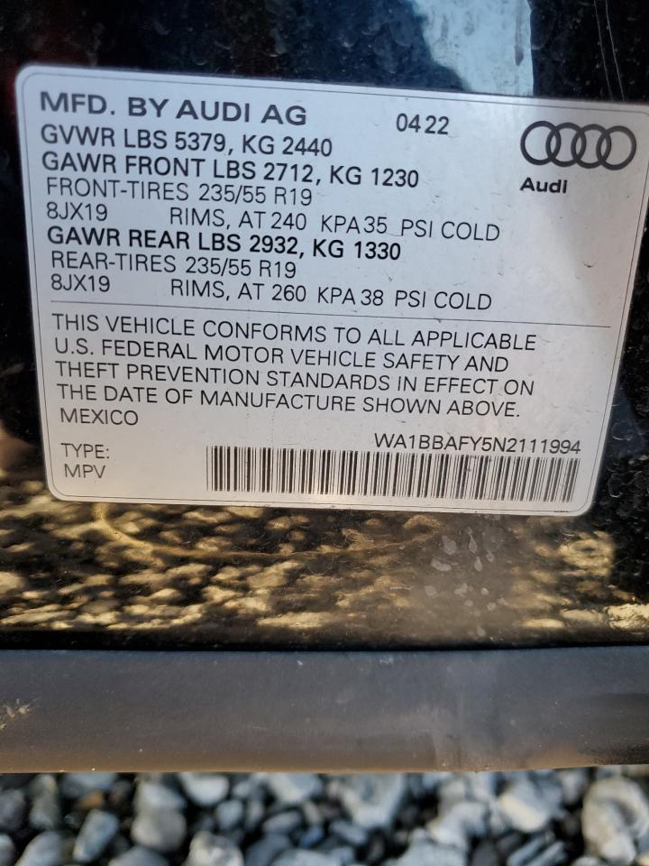 2022 AUDI Q5 PREMIUM PLUS 40 VIN:WA1BBAFY5N2111994