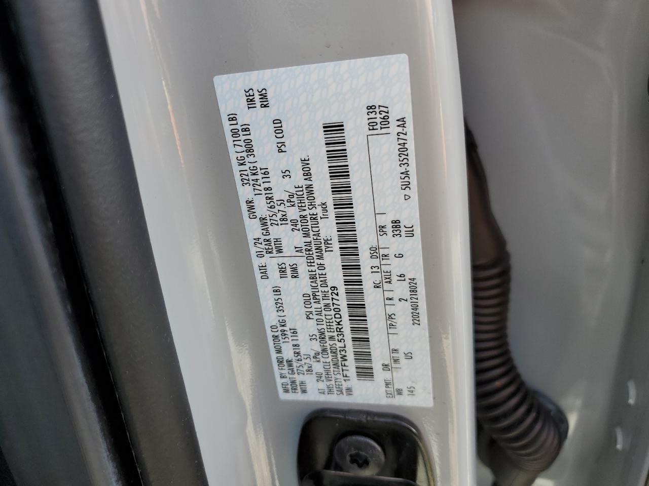 2024 FORD F150 XLT VIN:1FTFW3L53RKD07729