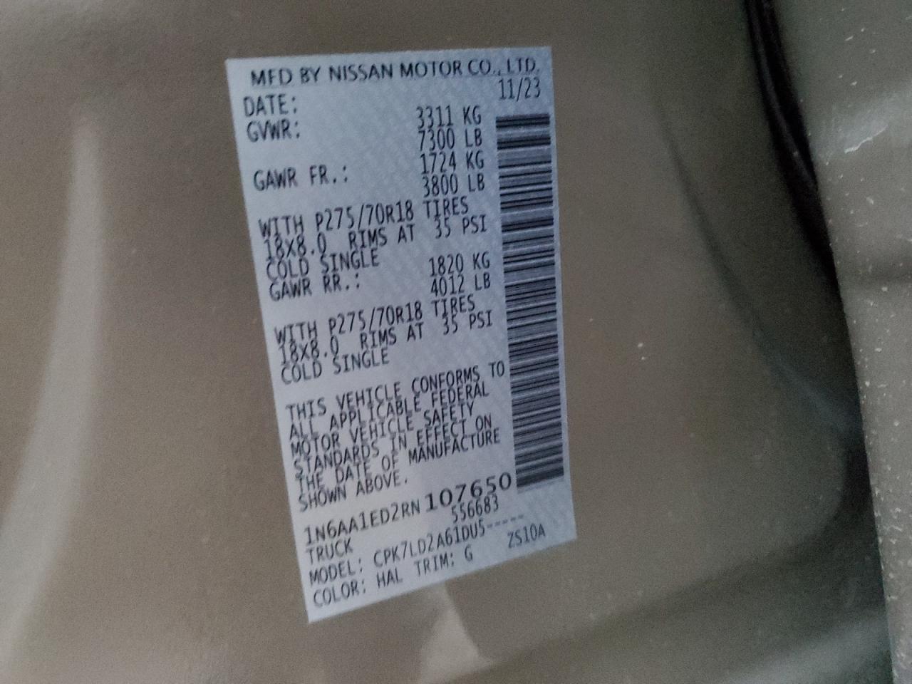 2024 NISSAN TITAN PRO-4X VIN:1N6AA1ED2RN107650