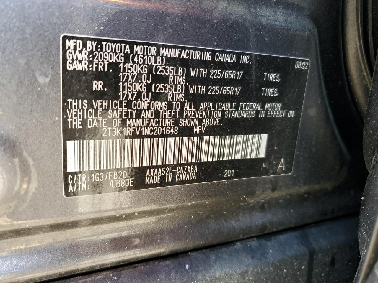 2022 TOYOTA RAV4 LE VIN:2T3K1RFV1NC201648