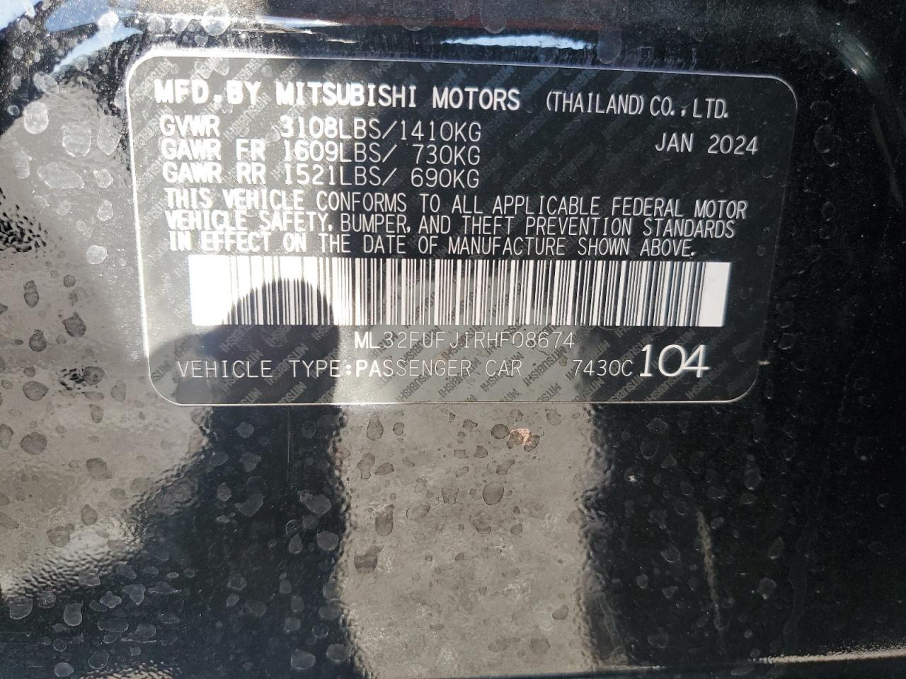 2024 MITSUBISHI MIRAGE G4 ES VIN:ML32FUFJ1RHF08674