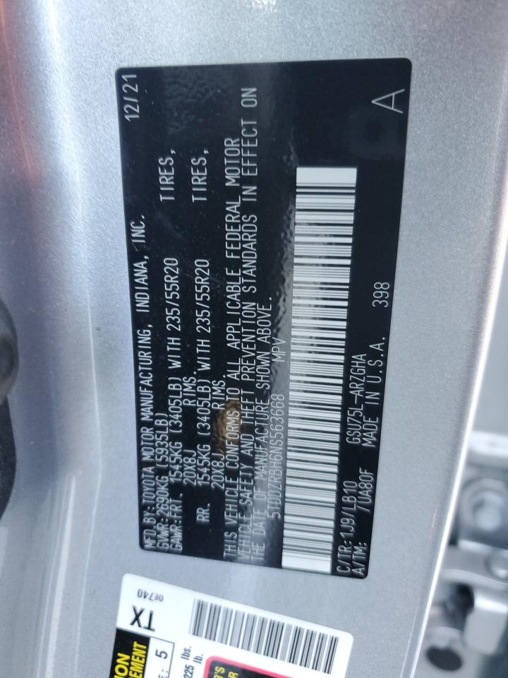 2022 TOYOTA HIGHLANDER LIMITED VIN:5TDDZRBH6NS563668