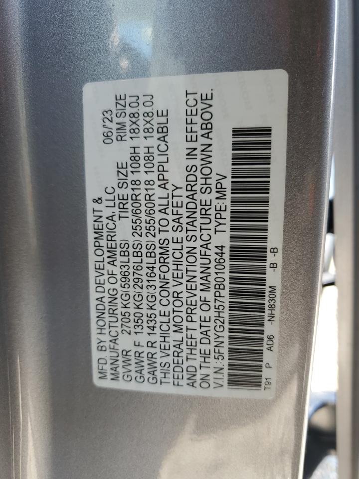 2023 HONDA PILOT EXL VIN:5FNYG2H57PB010644