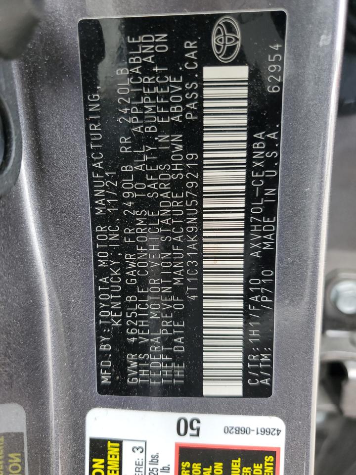 2022 TOYOTA CAMRY LE VIN:4T1C31AK9NU579219