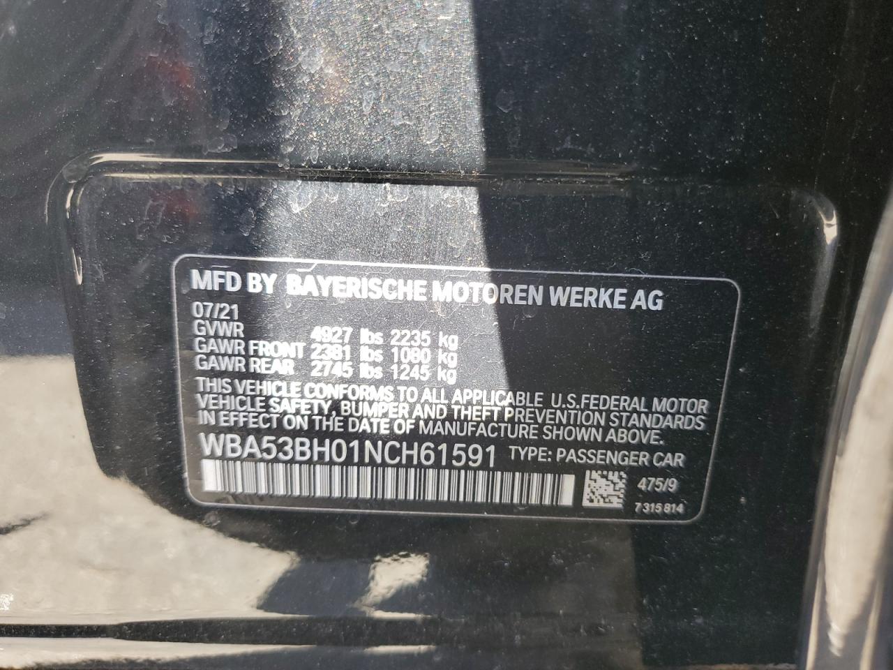 2022 BMW 530 I VIN:WBA53BH01NCH61591