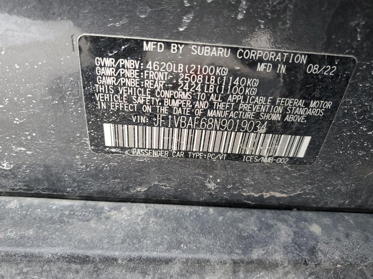 2022 SUBARU WRX PREMIUM VIN:JF1VBAF68N9019034