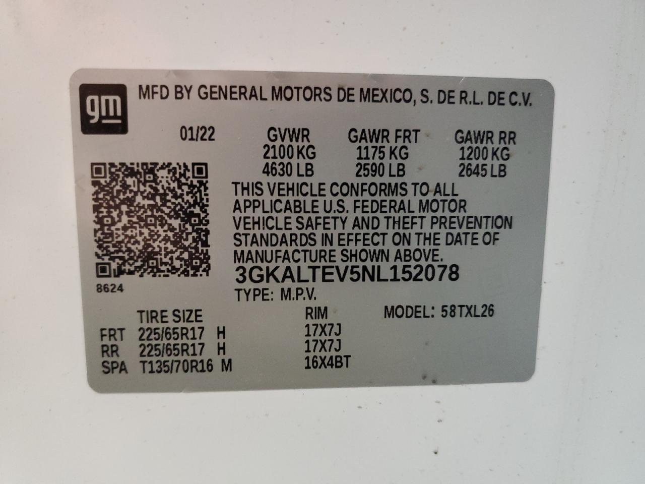 2022 GMC TERRAIN SLE VIN:3GKALTEV5NL152078