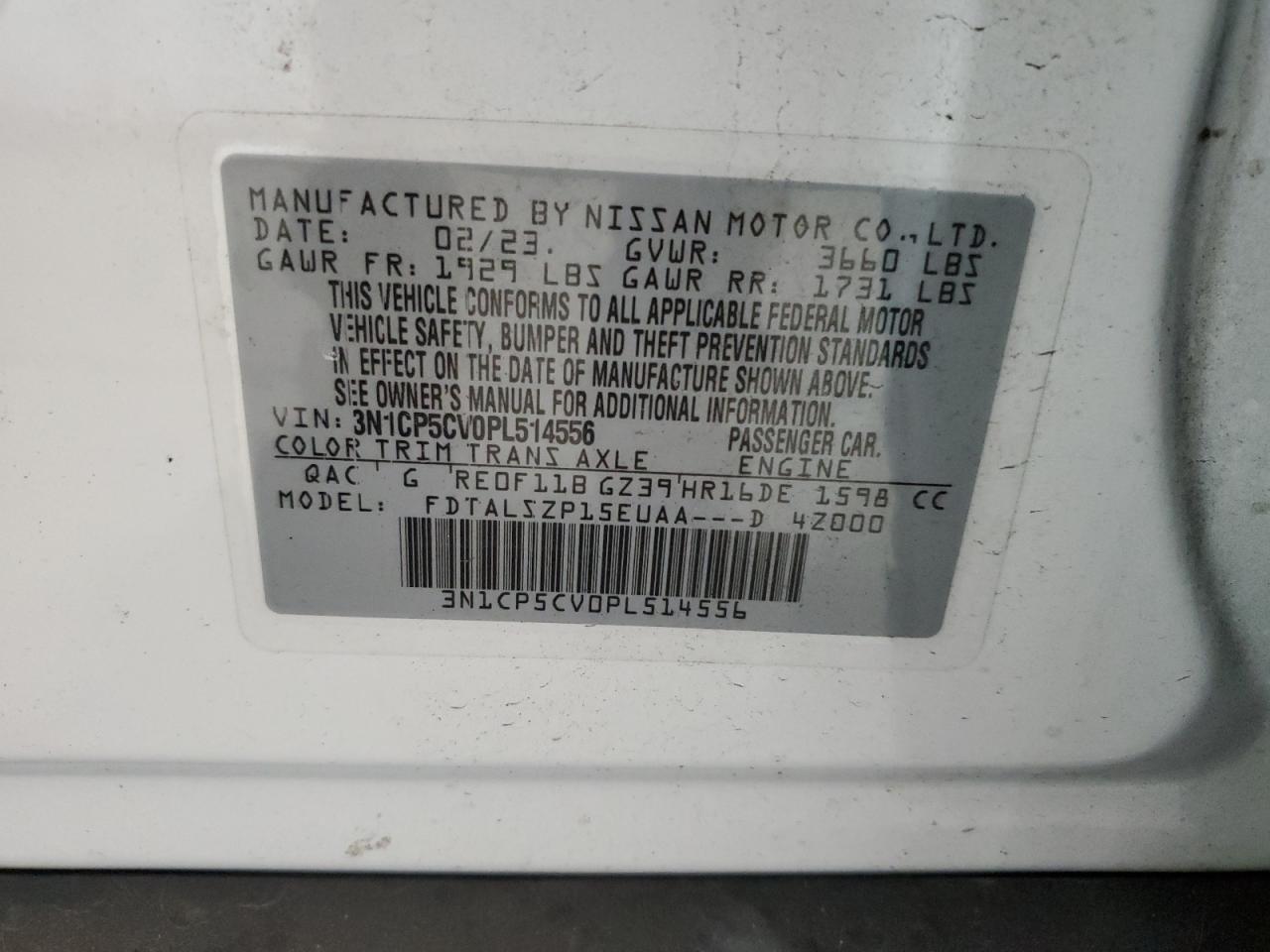 2023 NISSAN KICKS SV VIN:3N1CP5CV0PL514556