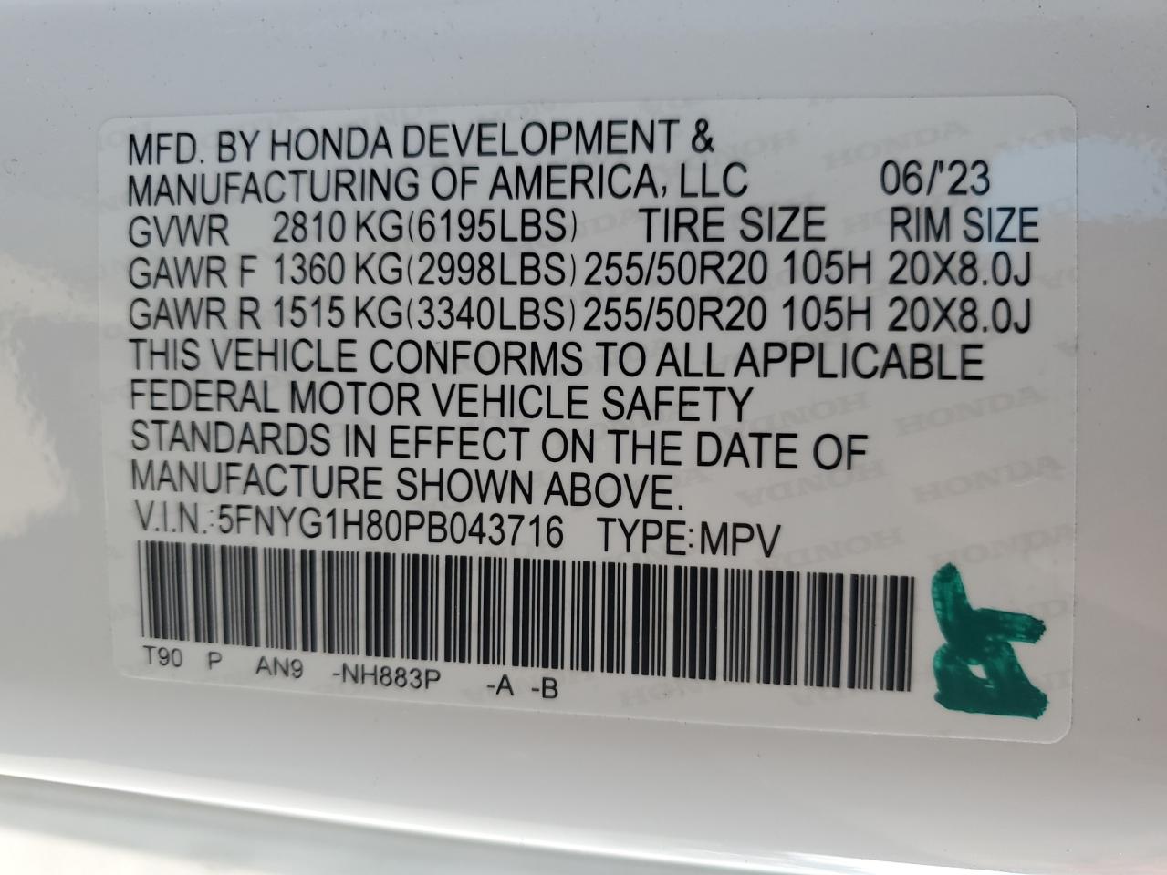 2023 HONDA PILOT ELITE VIN:5FNYG1H80PB043716