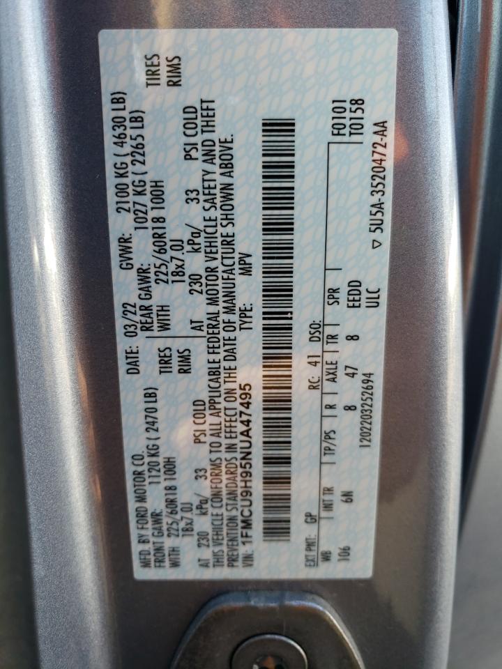 2022 FORD ESCAPE SEL VIN:1FMCU9H95NUA47495