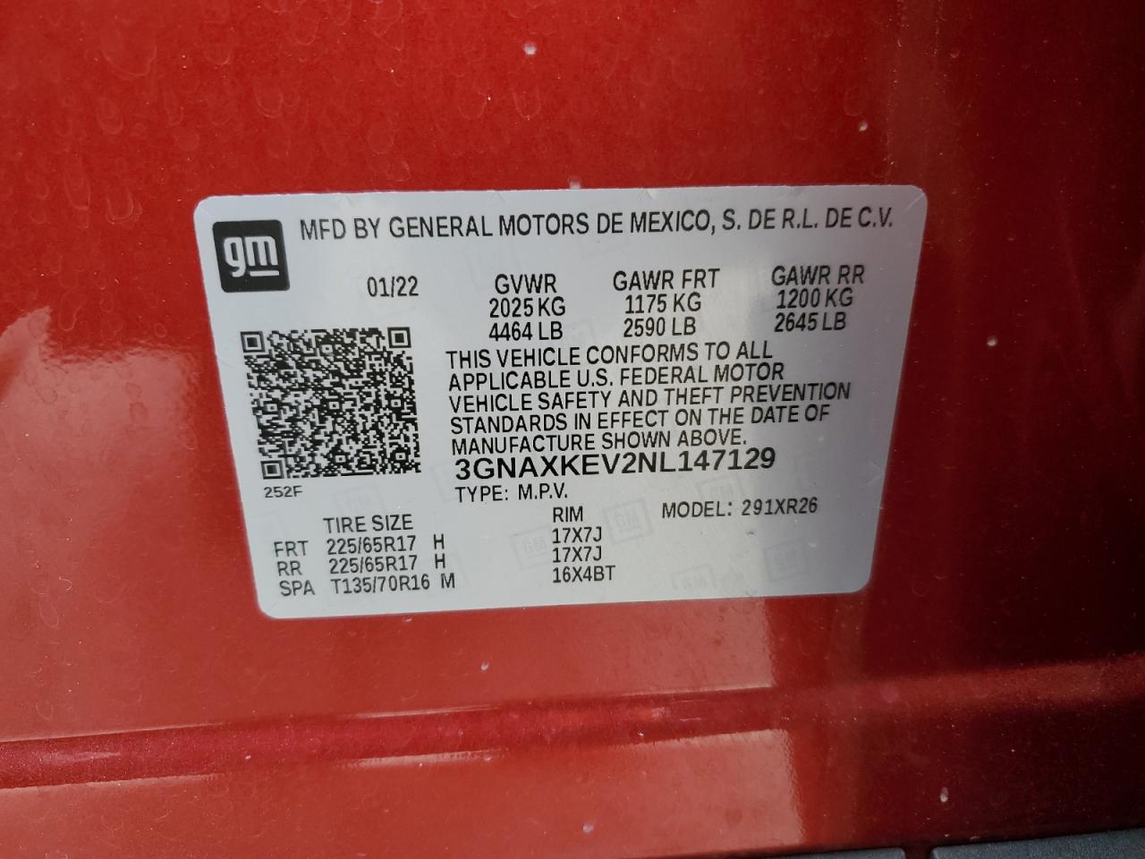 2022 CHEVROLET EQUINOX LT VIN:3GNAXKEV2NL147129