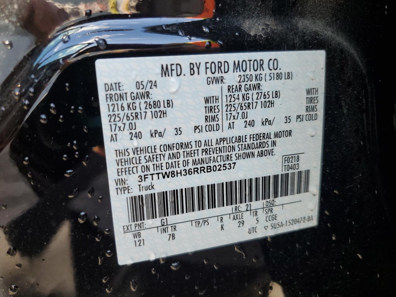 2024 FORD MAVERICK XLT VIN:3FTTW8H36RRB02537