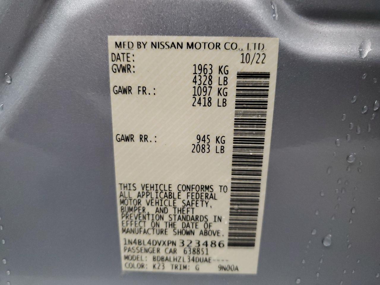 2023 NISSAN ALTIMA SV VIN:1N4BL4DVXPN323486