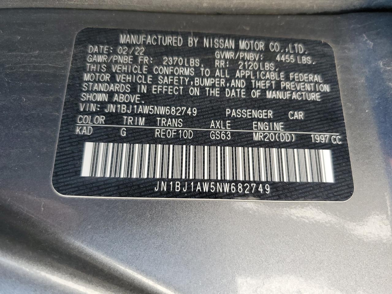 2022 NISSAN ROGUE SPORT S VIN:JN1BJ1AW5NW682749