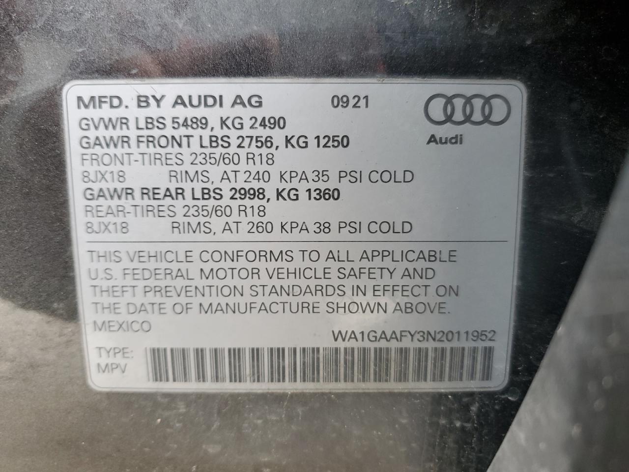 2022 AUDI Q5 PREMIUM 45 VIN:WA1GAAFY3N2011952