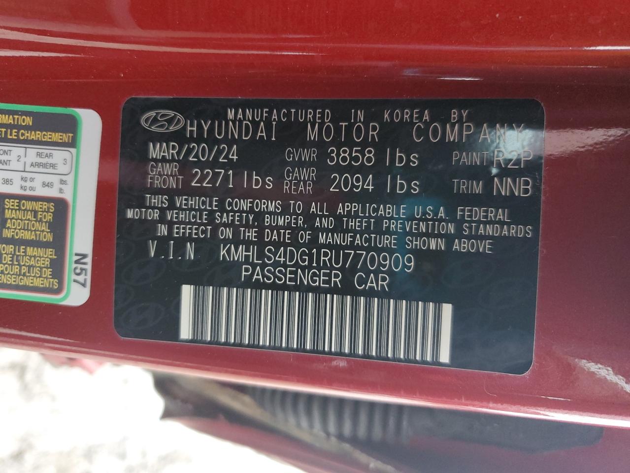 2024 HYUNDAI ELANTRA SEL VIN:KMHLS4DG1RU770909