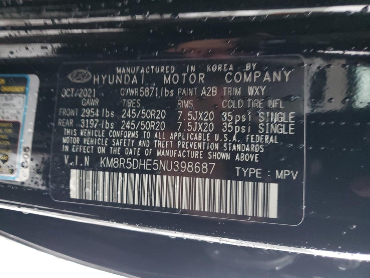 2022 HYUNDAI PALISADE LIMITED VIN:KM8R5DHE5NU398687