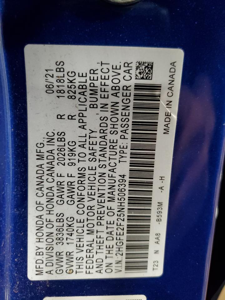 2022 HONDA CIVIC LX VIN:2HGFE2F25NH506394