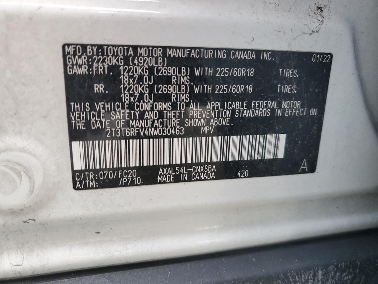 2022 TOYOTA RAV4 SE VIN:2T3T6RFV4NW030463