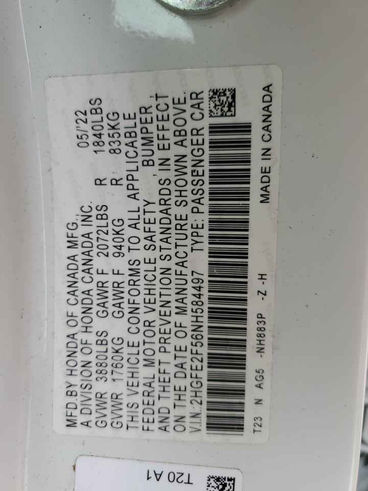 2022 HONDA CIVIC SPORT VIN:2HGFE2F56NH584497