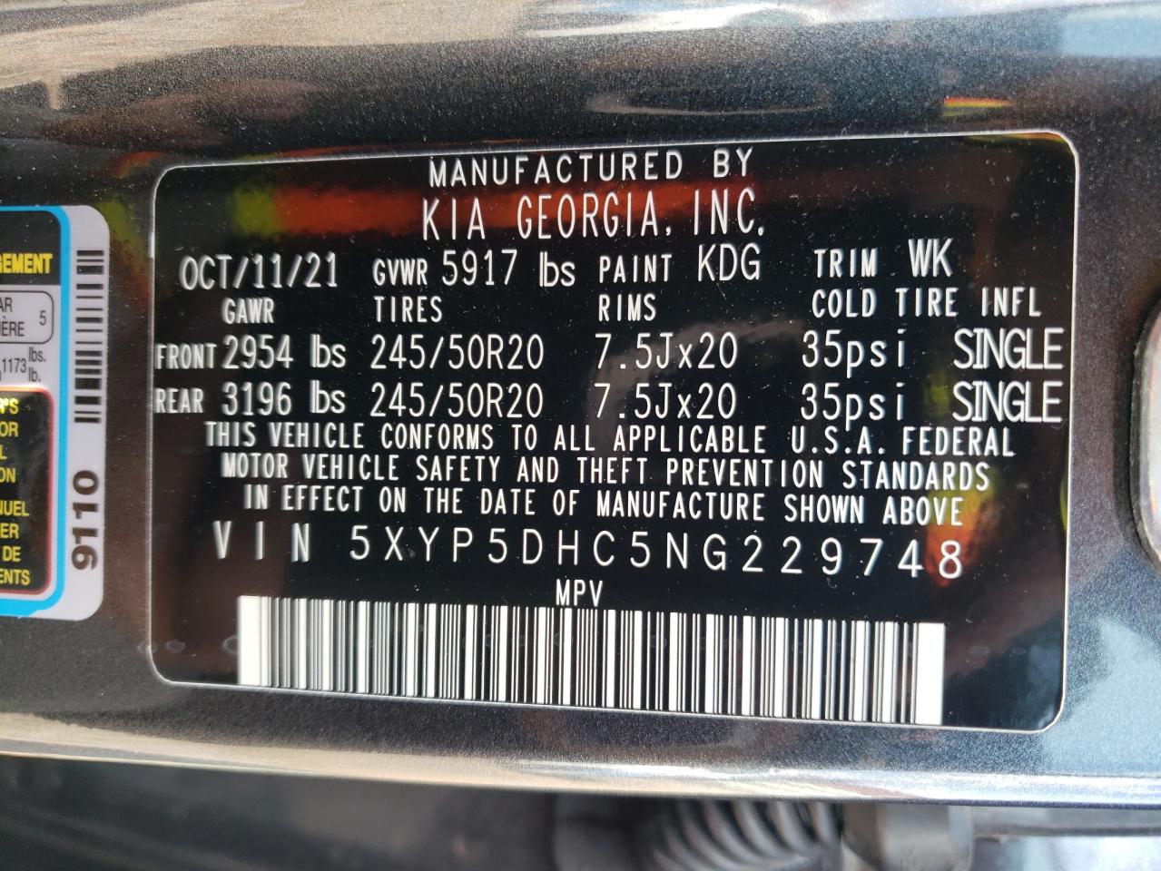 2022 KIA TELLURIDE SX VIN:5XYP5DHC5NG229748