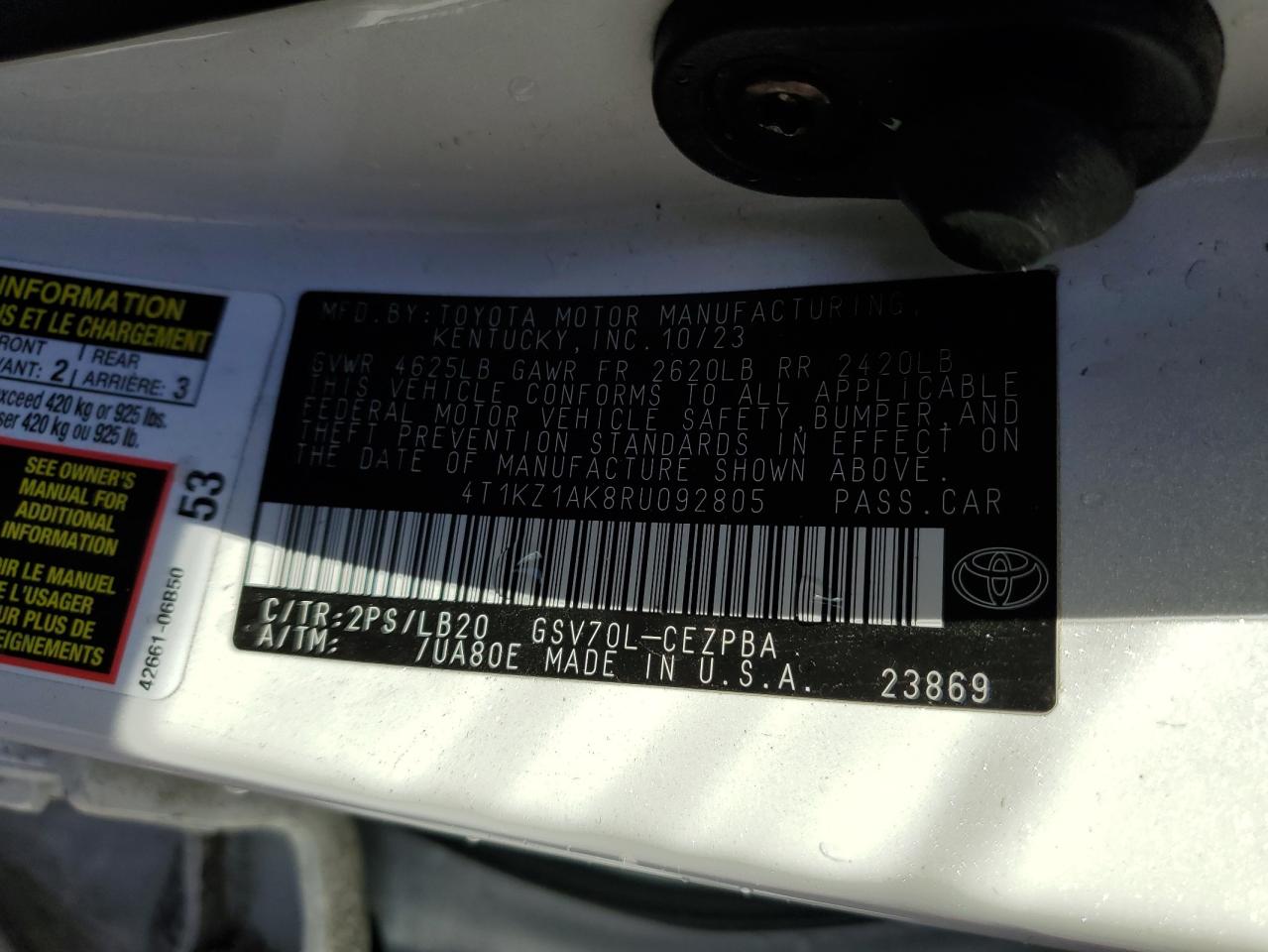2024 TOYOTA CAMRY TRD VIN:4T1KZ1AK8RU092805