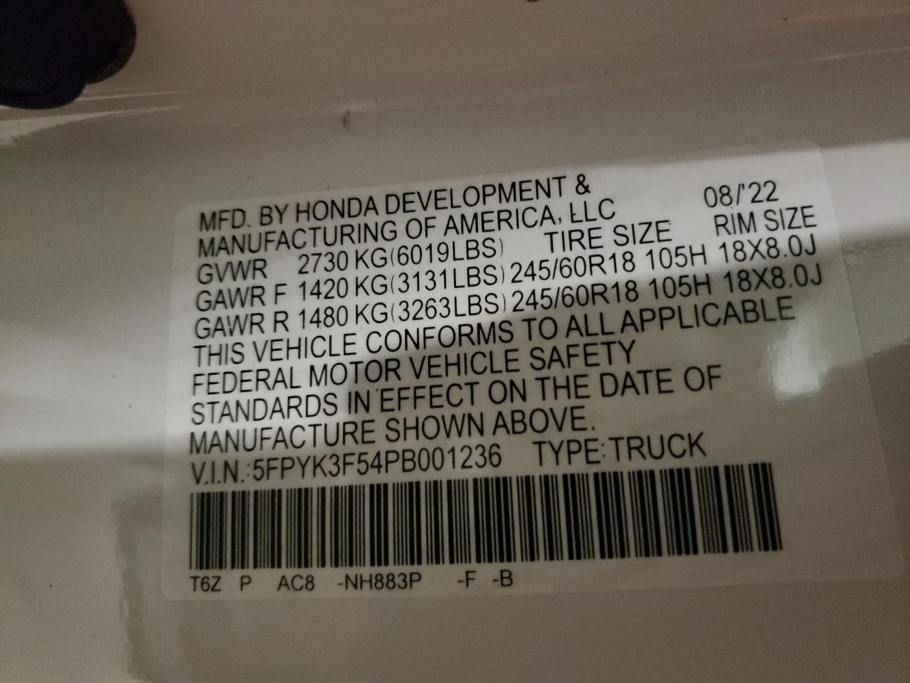 2023 HONDA RIDGELINE RTL VIN:5FPYK3F54PB001236