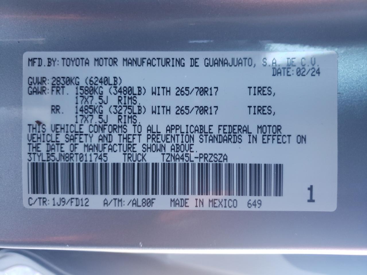 2024 TOYOTA TACOMA DOUBLE CAB VIN:3TYLB5JN8RT011745