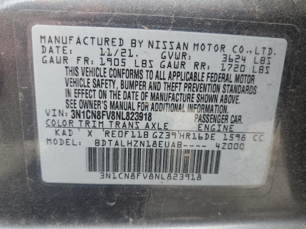 2022 NISSAN VERSA SR VIN:3N1CN8FV8NL823918