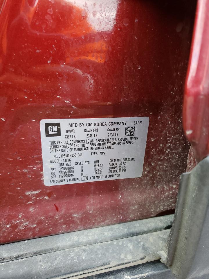 2022 CHEVROLET TRAX 1LT VIN:KL7CJPSM1NB531042