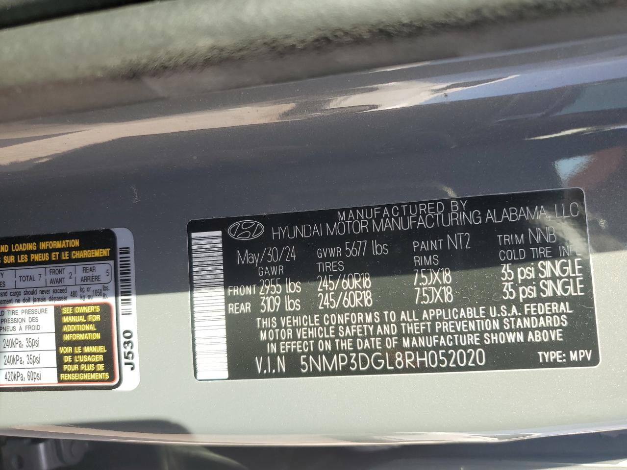 2024 HYUNDAI SANTA FE XRT VIN:5NMP3DGL8RH052020