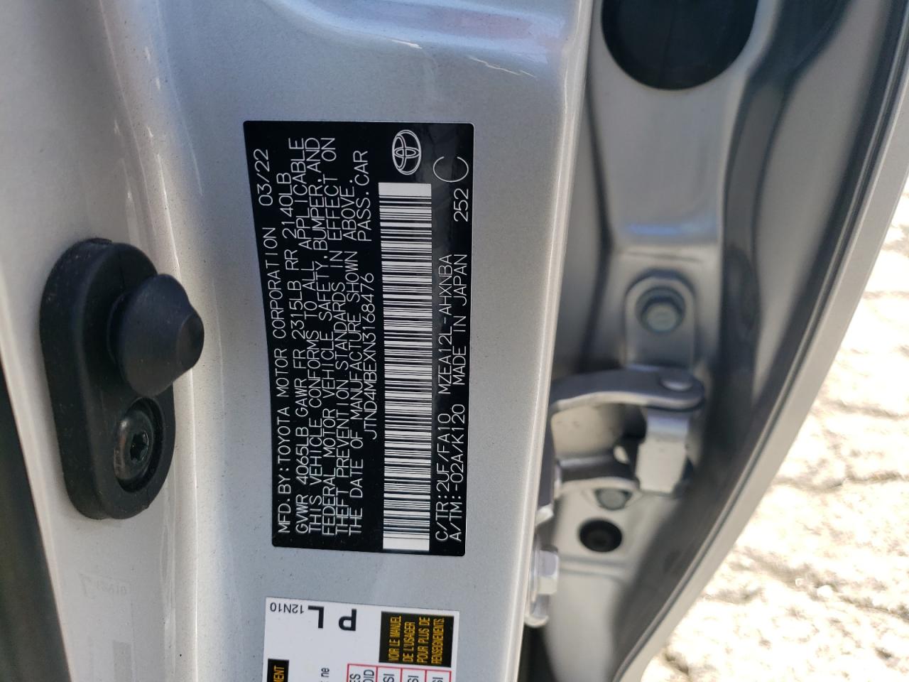 2022 TOYOTA COROLLA SE VIN:JTND4MBEXN3168476