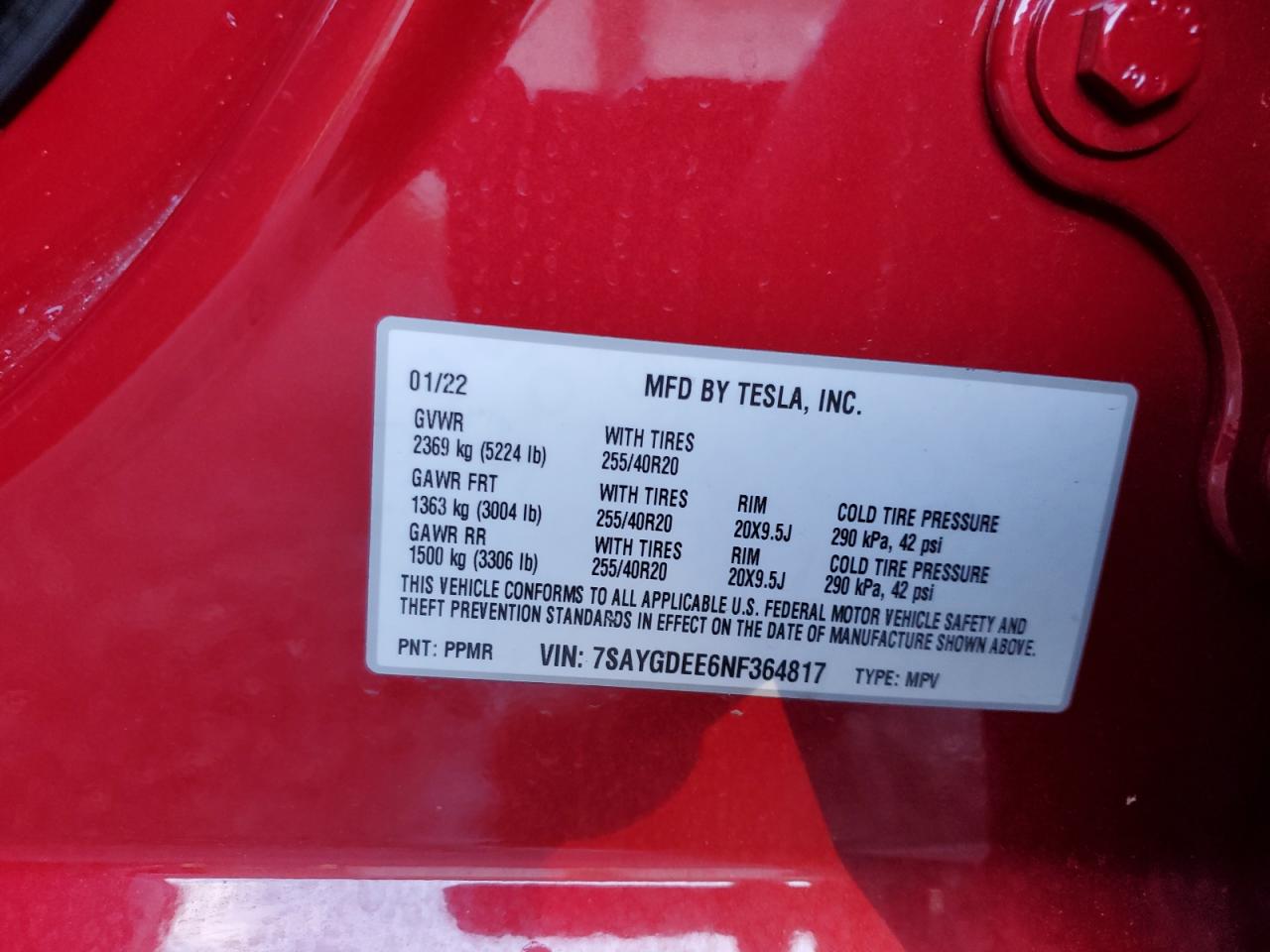 2022 TESLA MODEL Y  VIN:7SAYGDEE6NF364817